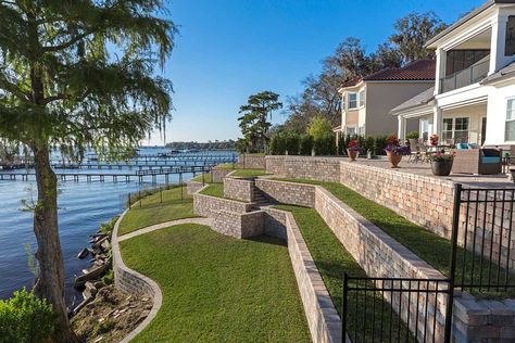 Share on Pinterest Keystone Retaining Wall, Large Property, Retaining Wall Design, Retaining Wall Blocks, Landscaping A Slope, Country Manor, Landscaping Retaining Walls, Hardscape Design, Backyard Seating