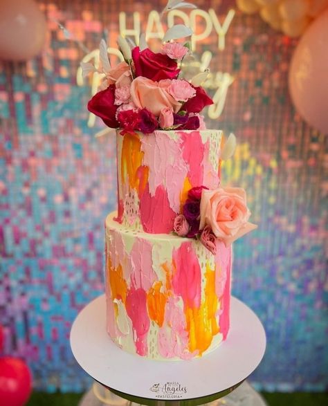 Colorful Cakes Birthday For Women, Pink And Orange Bday Cake, Pink And Orange Birthday Cake, Pink And Orange Cake, Tropical Sweet 16, Pink Gold Cake, Orange Birthday Cake, Pink Birthday Theme, Hot Pink Cakes