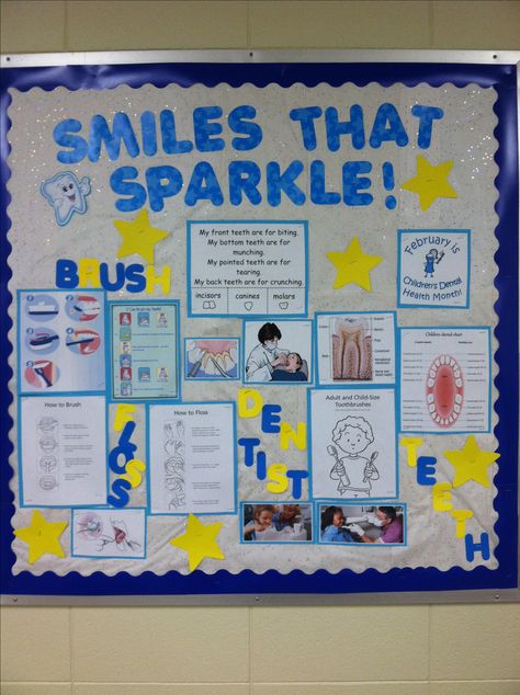 Dental Health Bulletin Board. The background paper is glittery tissue paper! Dental Health Crafts, Office Bulletin Board, Nurse Bulletin Board, School Nurse Office Decorations, Health Bulletin Boards, Office Bulletin Boards, Dental Health Activities, Nurse Teaching, Bulletin Boards Theme