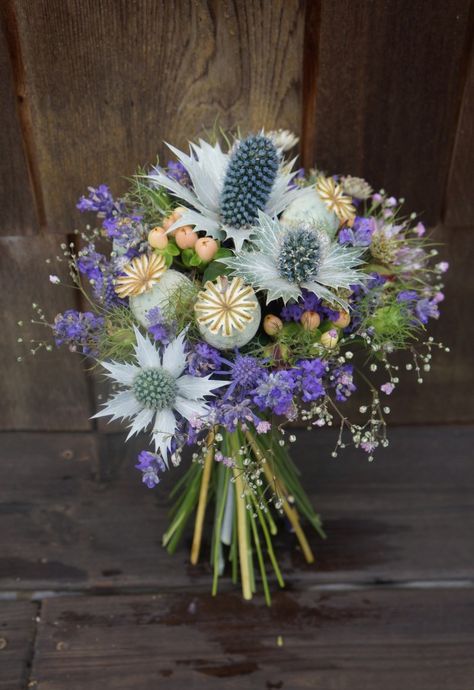 A dreamy bouquet featuring sea holly (Eryngium sp.) Sea Holly Arrangement, Eryngium Bouquet, Sea Holly Bouquet, Grandparents Memorial, Holly Bouquet, Dreamy Bouquet, Holly Flower, Fruits And Flowers, Sea Holly