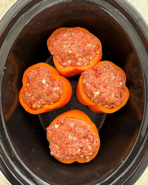 Crockpot Jack-O-Lantern Stuffed Peppers - Fit Slow Cooker Queen Halloween Stuffed Peppers Beef, Stuffed Pepper Jack O Lantern, Stuffed Jackolantern Peppers, Jack O Lantern Stuffed Peppers, Jack O Lantern Peppers Halloween Dinner, Jack O Latern Stuffed Peppers, Paleo Pasta, Meat Salad, Recipe 30