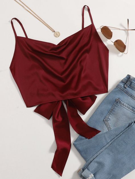 Burgundy Elegant   Polyester Plain Cami Embellished Non-Stretch Summer Women Tops, Blouses & Tee Satin Tank Top, Satin Crop Top, Girls Tie, Women Tank Tops, Crop Top Outfits, Versatile Outfits, Cropped Tops, Cropped Cami, Cami Crop Top