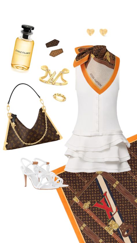 Brunch out with friends in style: a Louis Vuitton white dress paired with accessories, featuring the classic LV canvas design 🍑 #LouisVuitton #LVCanvas #WhiteDress Louis Vuitton Aesthetic, Dubai Outfits Ideas, Dubai Outfits, Louis Vuitton White, Out With Friends, Aesthetic Outfit, Canvas Designs, Casual Style Outfits, In Style