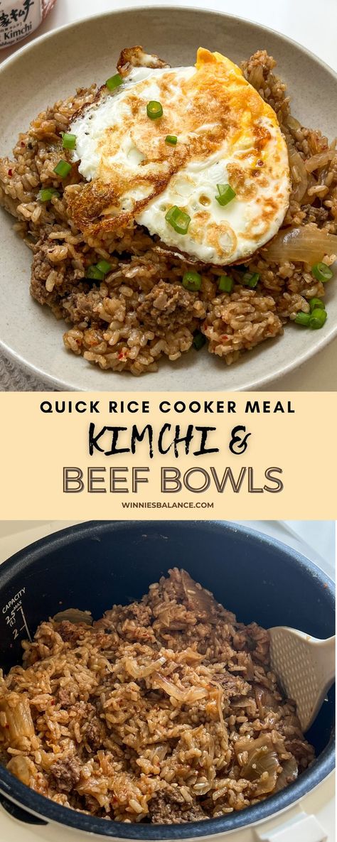 Rice Cooker Kimchi and Beef Rice with Egg Asian Rice In Rice Cooker, Korean Rice Cooker Recipes, Korean Rice Cooker, Rice In Rice Cooker, Hainan Chicken Rice, Rice With Egg, Chicken Udon, Hainan Chicken, Quick Rice