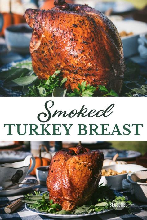 Moist, juicy and full of flavor, this whole, bone-in smoked turkey breast is the perfect addition to your Thanksgiving dinner, or an easy Sunday supper at any time of year. These step-by-step instructions yield the best turkey breast recipe without any stress or fuss (no brine necessary!). Serve the tender meat alongside your favorite sides like stuffing, green bean casserole, roasted root vegetables, mashed potatoes and corn casserole for a delicious harvest feast! Pit Boss Smoked Turkey, Best Turkey Breast Recipe, Smoked Turkey Breast Recipe, The Best Turkey, Smoked Turkey Breast, Frozen Turkey, Turkey Breast Recipe, Whole Turkey, Roasted Root Vegetables