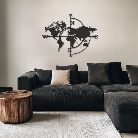 World Map Compass Metal Wall Art, Black Travel Wall Decor, Adventure-Themed Wall Sculpture, Modern Map Art, Minimalist Home Decor by LeosMetalWallArt on Etsy Detailed World Map, Study Spaces, Map Compass, Travel Wall Decor, Sculpture Modern, Apt Decor, Compass Design, Modern Map, Study Space