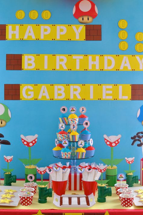 Super Mario birthday dessert table Super Mario Dessert Table, Mario Level, Birthday Dessert Table, Dessert Table Birthday, Birthday Dessert, 4 Birthday, John Thomas, Super Mario Birthday, Level 7