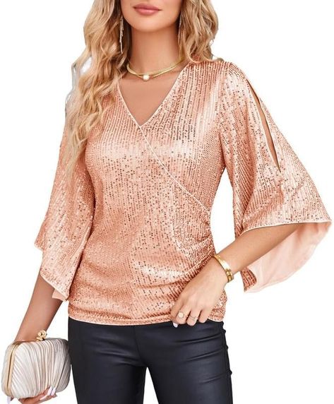 Women Sequin Top 3/4 Sleeve V-Neck Shiny Metallic Sparkly Sparkle Sexy Tops Party Club Cocktail Shirt Rose Gold S at Amazon Women’s Clothing store Vintage Sequin Top, Glitter Blouse, Sparkly Party, Casual Tshirt, Party Blouse, Going Out Shirts, Sequin Blouse, Elegante Casual, Poncho Style