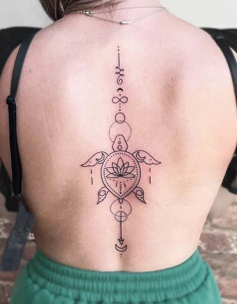 Peace Turtle Tattoo, Turtle Arrow Tattoo, Turtle Back Tattoo Women, Turtle Spine Tattoos For Women, Beautiful Turtle Tattoos, Spine Tattoos For Women Turtle, Sea Turtle Sunflower Tattoo, Turtle Lotus Tattoo, Mother Son Turtle Tattoo