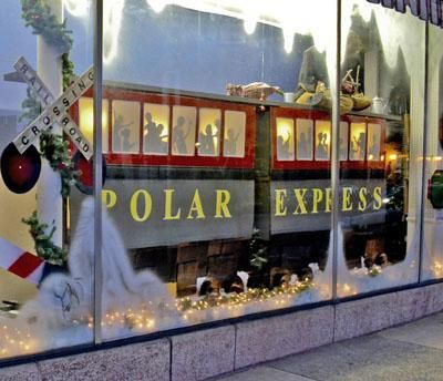 Polar Express theme fills downtown windows with trains School Christmas Window Display, Christmas Window Display School, Polar Express Window Display, Christmas Advent Window Display, Classroom Window Display, Christmas Window Display Ideas, Polar Express Christmas Party, Polar Express Theme, Polar Express Movie