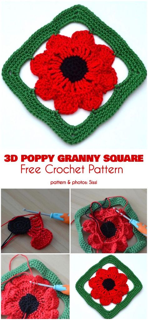 3D Poppy Granny Square Free Crochet Pattern #freecrochetpatterns #crochetflower #crochetpoppy Poppy Granny Square Pattern, Crochet Poppy Granny Square, Poppy Granny Square, Crochet Airpods Case, Yarn Ribbon And Thread, Crochet Airpods, Granny Square Pattern Free, Crochet Poppy, Crochet African Flowers