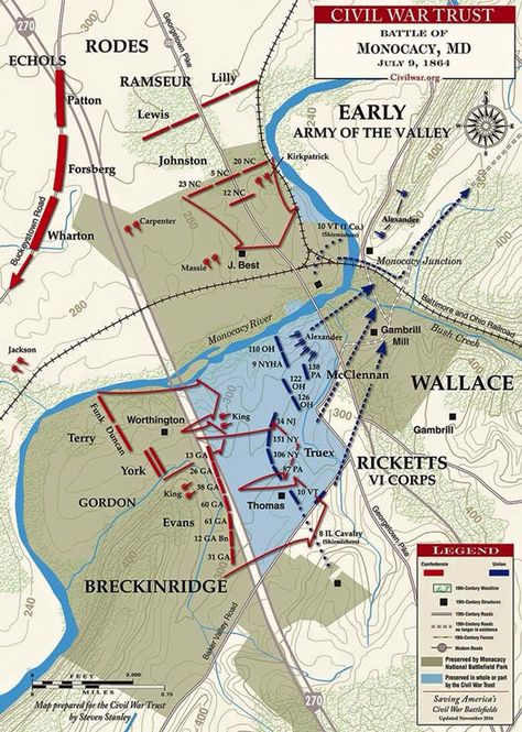 The Battle of Monocacy was fought on July 9, 1864, approximately 6 miles from Frederick, Maryland. A makeshift Union force under Maj. Gen. Lew Wallace attempted to stop Early's invading Confederate divisions along the Monocacy River, just east of Frederick. ... Although Wallace was defeated there, Monocacy was called the “Battle that Saved Washington.” Wwii Maps, Cartography Map, American Military History, Military Tactics, Frederick Maryland, Civil Wars, America Map, Teaching History, Us History