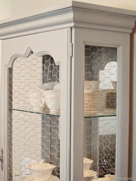 I seriously have to do this one--look at how sweet the chicken wire is!!! Painting A Curio Cabinet, Small Curio Cabinet Makeover, Curio Makeover, Curio Cabinet Redo, Painted Curio Cabinets, Curio Cabinet Makeover, Diy Sideboard, Curio Cabinets, Redo Cabinets