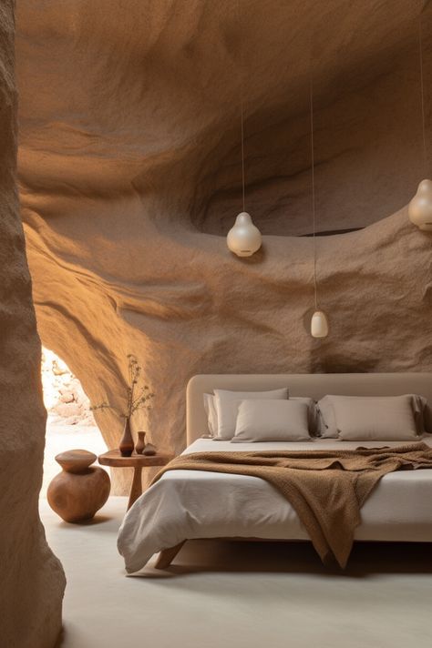 Earthly Interior Design, Desert Room Decor, Desert Aesthetic Bedroom, Cave Interior Design, Desert Homes Interior, Earth Interior, Desert Spa, Desert Room, Biomorphic Architecture