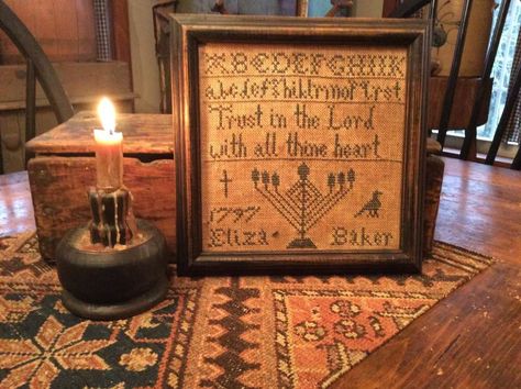 Primitive Stitchery, Cross Stitch Samplers, Primitive Decor, Candle Light, Thread Embroidery, Embroidery Techniques, Primitive Decorating, Log Cabin, Needlework