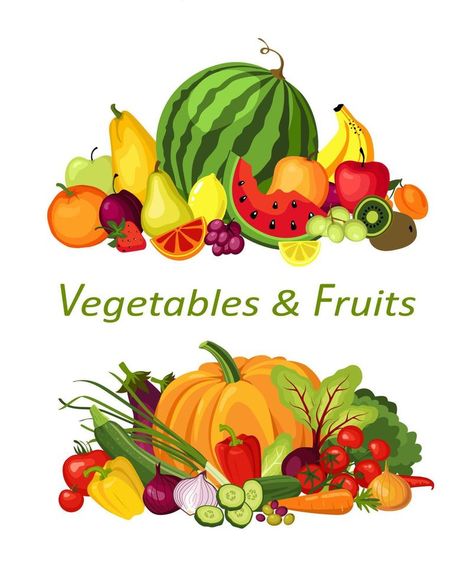 Fresh organic fruits and vegetables. Vector illustration. Vector Vegetables, Organic Fruits, Organic Fruits And Vegetables, Organic Fruit, Cover Book, Cityscape Photos, Logo Banners, Nature Backgrounds, Heart With Arrow