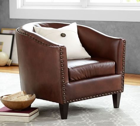 Leather Furniture | Leather Sofas | Leather Sectionals | Pottery Barn Ideal Farmhouse, Leather Chairs, Upholstered Armchair, Style Cottage, Swivel Armchair, Room Planner, Flame Retardant, Leather Armchair, Top Grain Leather