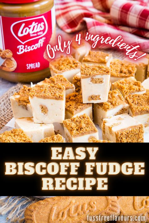 This Biscoff Fudge recipe is so easy to make and just takes 5 minutes to prepare prior to cooking. Use only 4 ingredients and your microwave to create this fuss-free delicious fudge! Biscoff Fudge Recipe, Chocolate Fudge Recipes Easy, Pudding Desserts Recipes, Lotus Biscuits, Fudge Ingredients, Biscoff Cookies, No Churn Ice Cream, Pudding Desserts, Hot Fudge