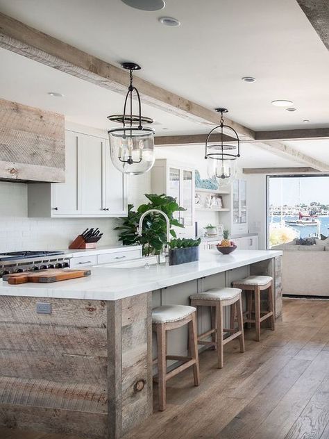 :: Coastal Home Decor Pins 123 :: | Tuvalu Home Long Narrow Kitchen, Rustic Kitchen Cabinets, Rustic Kitchen Island, Narrow Kitchen, Rustic Farmhouse Kitchen, Modern Farmhouse Kitchens, Kitchen Cabinet Design, Kitchen Design Small, Wood Kitchen