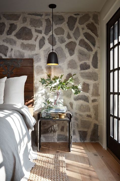 rough luxe bedroom Rock Bedroom, Modern Mediterranean, 아파트 인테리어, Stone Walls, Joanna Gaines, Rustic Bedroom, Ranch House, Cheap Home Decor, Stone Wall