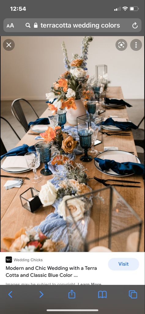 Terracotta And Navy Wedding, Orange Wedding Centerpieces, Navy Blue Wedding Theme, Orange Wedding Themes, Blue Wedding Centerpieces, Casino Wedding, Blue Wedding Decorations, Rusting Wedding, Burnt Orange Weddings