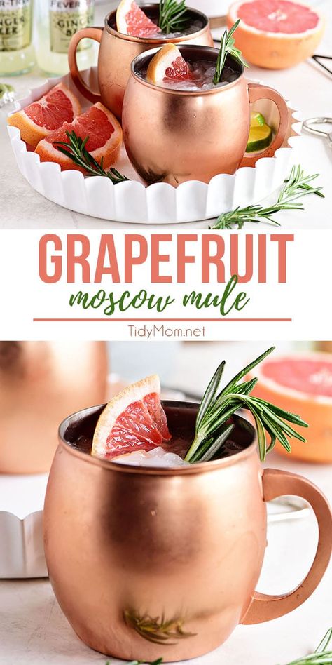 This GRAPEFRUIT MOSCOW MULE is just the right balance of spicy freshness that is the ginger beer and fresh grapefruit combo. Making this cocktail wonderfully refreshing. Perfect for sipping on the deck with friends, at a bridal shower or holiday gathering. PRINTABLE RECIPE at TidyMom.net Grapefruit Vodka, Moscow Mule Cocktail, Moscow Mules, Moscow Mule Recipe, Spicy Cocktail, Mule Cocktail, Mule Recipe, Spring Cocktails, Sangria Recipes