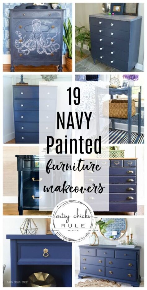 Blue Painted Dresser Ideas, Blue Bedroom Oak Furniture, Diy Furniture Makeover Ideas Paint, Refinished Bedroom Furniture Ideas, Navy Blue Sideboard, Paint Colors For Furniture Projects, Rehab Furniture Ideas, Blue Paint For Furniture, Colored Dressers