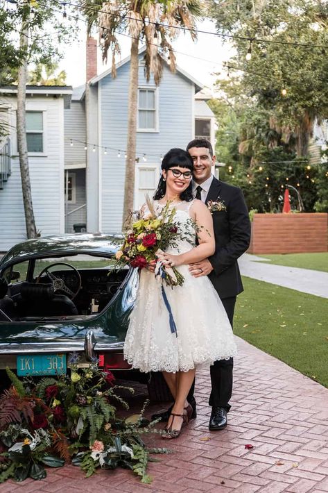 SURPRISE ROCKABILLY WEDDING | Bespoke-Bride: Wedding Blog Creative Couples Photography, Rockabilly Wedding, Garland Backdrops, Tea Length Wedding, Cultural Festival, Tea Length Wedding Dress, Engagement Style, Daytona Beach, Boho Beach