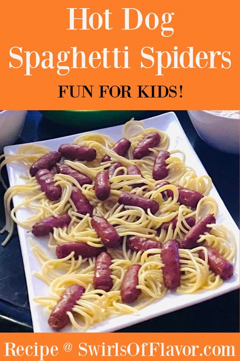 Kids will love our Hot Dog Spaghetti Spiders for their Halloween dinner! Simply thread spaghetti through hot dogs, cook and serve tossed with butter and Parmesan cheese, marinara sauce or just ketchup. An easy recipe that’s fun for kids to eat! Spider Hot Dogs Halloween, Fun Kid Recipes, Hot Dog Spiders, Halloween Spaghetti, Hot Dog Pasta, Hot Dog Spaghetti, Plain Pizza, Kid Recipes, Easy Halloween Food