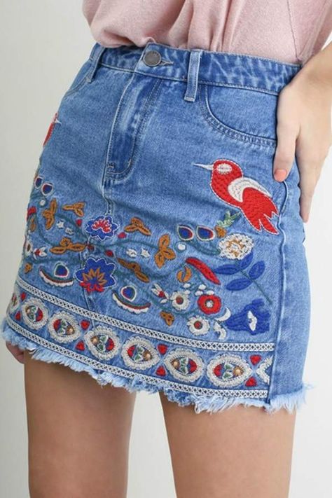 Umgee USA Bird's Of Feather Skirt Painting Ideas, Skirt Painting, Embroidered Denim Skirt, Vintage Embroidery Patterns, Embroidery Patterns Ideas, Hippie Skirts, Patterns Ideas, Denim Jean Skirt, Frayed Denim