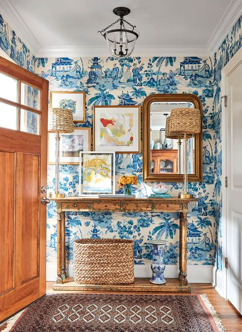 1940s Cottage, Cottage Makeover, Downstairs Loo, Louise Roe, Blue Chinoiserie, Small Entryways, Interiors Magazine, Chinoiserie Wallpaper, Old Cottage