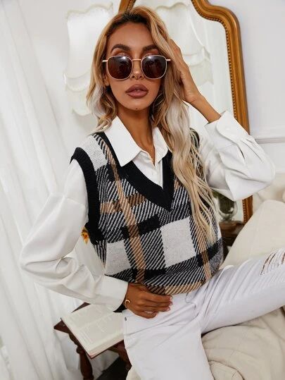 Pattern Sweater Vest, Plaid Sweater Vest, Classy Jumpsuit, Sweater Vests, Pocket Sweater, Pullover Outfit, Plaid Vest, Sweater Vest Women, Girls Stripes