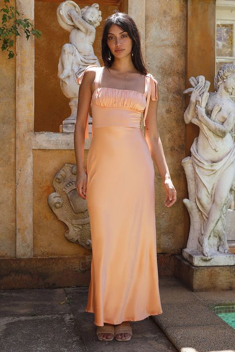 Blissful Satin Maxi Dress Orange Peach Dresses Formal, Soft Peach Bridesmaid Dresses, Muted Orange Dress, Light Orange Satin Dress, Orange Floor Length Dress, Apricot Dress Outfit, Orange And Yellow Bridesmaid Dresses, Sunset Color Bridesmaid Dresses, Apricot Bridesmaid Dresses