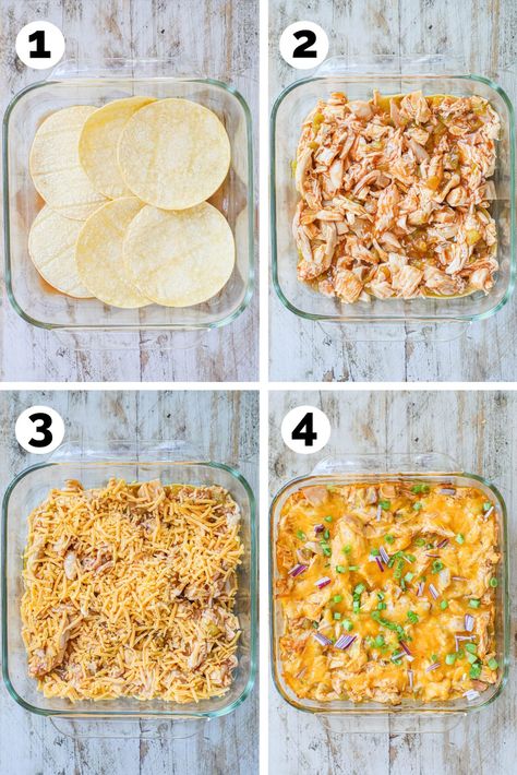 EASY family friendly dinner! Layered chicken enchilada casserole is that new kid favorite meal you’ve been looking for! Parents love the simple, 10 minute prep too! Use premade shredded chicken, green chilies, and flavor packed enchilada sauce for the most delicious meal that everyone is sure to devour! It’s a one-pan oven baked chicken dish that the whole family will be happily eating in no time. Easy clean up, hands off cooking, and gooey cheesy layers of enchilada make this an instant win ... Shredded Chicken Freezer Casserole, Ww Chicken Enchilada Casserole, Cheesey Chicken Enchilada Casserole, Chicken Enchilada Soup Freezer Meal, Enchilada Tray Bake, Ww Chicken Enchilada Bake, Meals With Boiled Chicken, Freezer Chicken Enchilada Casserole, Freezer Meals With Shredded Chicken