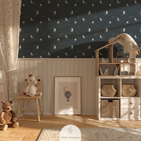 Which wallpaper would you choose for a nautical themed kids’ room or nursery? Our classic sail boats wallpaper or the playful pirates wallpaper? #kidsdecor Boat Nursery Theme, Vintage Sailboat Nursery, Sail Boat Nursery Theme, Ocean Nursery Baby Boy Wallpaper, Sail Boat Wallpaper Nursery, Ship Nursery, Themed Kids Room, Boat Wallpaper, Nautical Theme