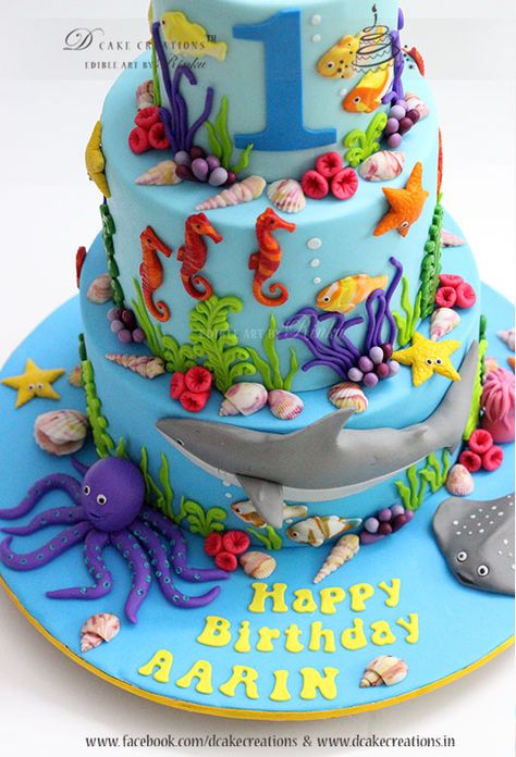 Sea World Theme Cake Sea World Cake Ideas, Cakes Sea Theme, Under Sea Cake Ideas, Sea World Cake, Sea World Theme Birthday Party, Under Water Theme Cake, Sea Animal Cake Ocean Themes, Under The Sea Cake Boy, Underwater Theme Cake