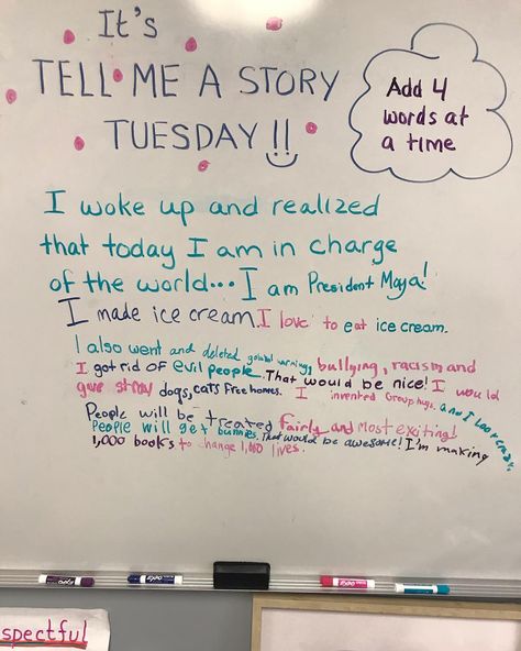 It’s Tell Me A Story Tuesday and these kids are ready to rule the world!!🙌🙌 . We love starting Tuesday mornings with this activity. Today’s… Morning Messages 5th Grade, Whiteboard Questions Tuesday, Education Thoughts, Days Of The Week Activities, Hs Classroom, Whiteboard Questions, Whiteboard Prompts, 6th Grade English, Meeting Games