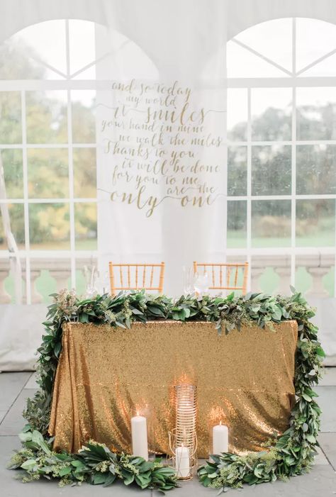 Gold Sweetheart Table, Bella And Edward Wedding, Glam Art Deco, Bella Wedding Dress, Twilight Wedding, Sweetheart Table Wedding, Forever Wedding, Green Garland, Colorado Wedding Venues