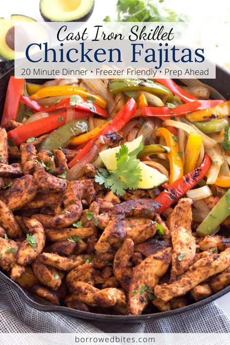 Cast Iron Skillet Chicken Fajitas are truly restaurant-worthy! Soak the chicken in a super flavorful marinade, then cook in a cast iron skillet to create that signature seared chicken that’s still perfectly tender and juicy. Mix with charred veggies, then serve with tortillas for a healthy dinner. After marinating, it can be done in 20 minutes! #castironskilletchickenfajitas #castironchickenfajitas #fajitas #chickenfajitas #castironskillet #healthy #Mexican #recipe #veggies #dinner #marinade Skillet Fajitas, Skillet Chicken Fajitas, Iron Skillet Chicken, Cast Iron Skillet Recipes Dinner, Turkey Meals, Cast Iron Chicken, Homemade Seasoning, Fajitas Recipe, Seared Chicken