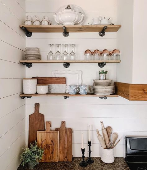 The Simple Farmhouse’s Instagram post: “Many times it takes years to finish a space - especially those high budget rooms like the kitchen and bathroom. Over the years I’ve done a…” French Country Bookcase, Cozy Cottage Kitchen, Ivy Cottage, Ship Lap, Floating Shelves Kitchen, Simple Farmhouse, Shiplap Wall, Basement Kitchen, Kitchen Redesign