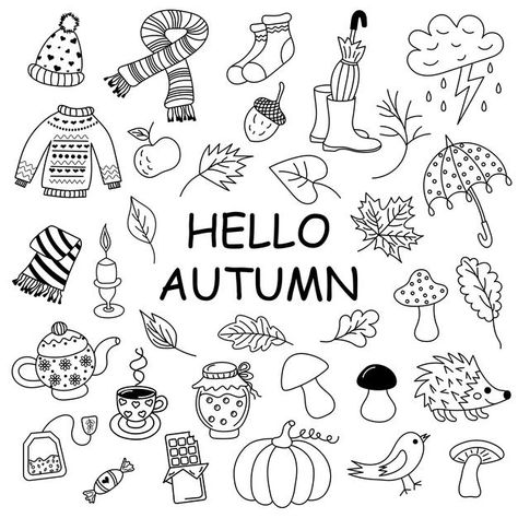 Hello Autumn Drawing, Doodles Themes, Autumn Drawing Ideas Easy, Embroidery Journals, Autumn Symbols, Autumn Sketches, Planer Ideas, Autumn Drawing, Fall Doodles