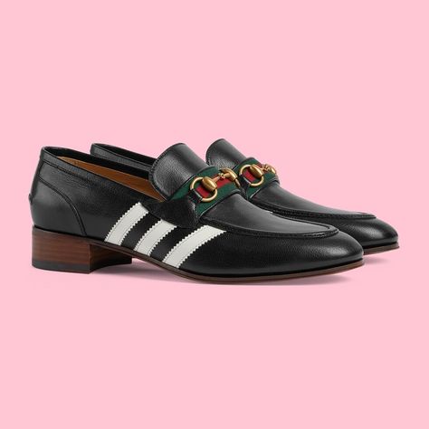 Shop the adidas x Gucci men's loafer in black at GUCCI.COM. Enjoy Free Shipping and Complimentary Gift Wrapping. Gucci Leather Shoes, Gucci Dress Shoes, Gucci Moccasins, Mens Designer Loafers, Adidas X Gucci, Adidas Gucci, Gucci Adidas, Gucci Boots, Gucci Loafers