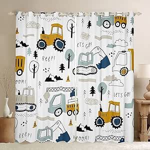 Feelyou Cartoon Car Kids Curtains for Bedroom Living Room Construction Darkening Dreapes Equipment Trucks Comter Cartoon Car Excavator Tractor White Yellow Window Treatments (2 Panels, 42 x 90 Inch) Yellow Window Treatments, Car Window Curtains, Truck Bedroom, Yellow Window, Toddler Bed Boy, Curtains For Kids, Window Construction, Kids Construction, Plaid Curtains