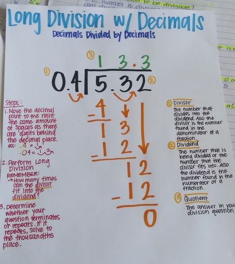 Math notes. Study notes. Study. Math. Division. Decimals. Long Division. Dividing Decimals By Decimals, Dividing With Decimals Anchor Chart, Divide Decimals By Decimals, Long Division Activities 5th, How To Divide Math, Grade 6 Math Notes, How To Do Division Step By Step, Long Division Steps Printable, How To Do Division