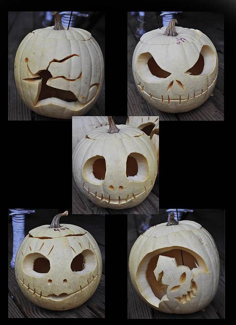 Nightmare Before Christmas Pumpkins by AlexisMcCurdy, via Flickr Carved White Pumpkins Ideas, Pumpkin Carving Ideas White Pumpkins, Pumpkin Carving Nightmare Before Xmas, White Pumpkin Carving, Nightmare Before Christmas Pumpkin, Pumpkin Cravings, Disney Pumpkin Carving, Jack The Pumpkin King, Christmas Pumpkins