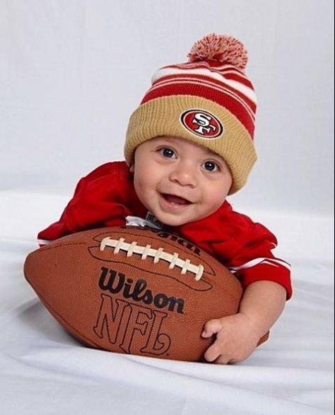 My baby on his 6 month Milestone photo ideas. #football #49ers Baby Football Pictures, 6 Month Baby Picture Ideas Boy, 3 Month Old Baby Pictures, Infant Photos, Baby Boy Football, 6 Month Baby Picture Ideas, 2 Month Old Baby, Boy Pics, 4 Month Baby