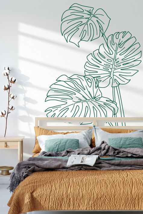 Tropical Decor Bedroom, Tropical Bedroom Decor, Palm Wall, Wall Decals For Bedroom, Maximalist Decor, Leaf Wall, Monstera Leaves, Leaf Wall Art, Creative Wall