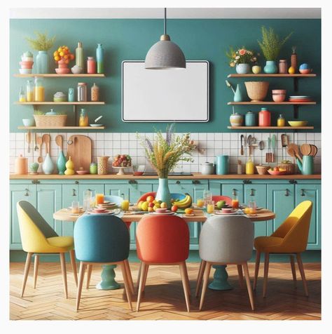 Rainbow Dining Chairs, Colorful Table And Chairs, Colorful Eclectic Dining Room, Colorful Boho Dining Room, Colorful Dining Room Decor, Colorful Dining Room Ideas, Dining Room Table Inspiration, Colorful Dining Room Chairs, Colorful Dining Chairs