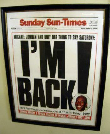 Chicago Sun Times I'm back Michael Jordan Im Back, We're Back, Im Back, Michael Jordan, Air Jordan, Air Jordans, Jordan, Chicago, Novelty Sign