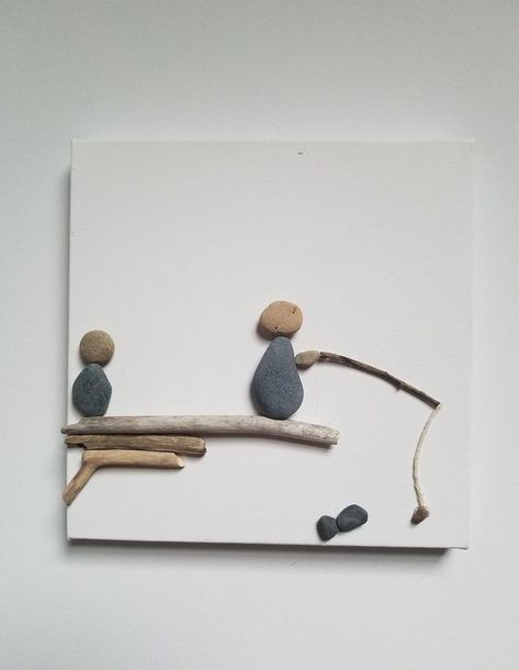 Father And Son Fishing Trip Pebble Art Home Decor | Etsy Rock Kunst, Father And Son Fishing, Beach Rock Art, Seashell Artwork, Antlers Decor, Stone Pictures Pebble Art, Pebble Art Family, Rock And Pebbles, Pebble Pictures